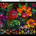 A stained-glass style floral pattern with colorful flowers and leaves on a dark background, shown as a rectangular design with a narrow decorative border along the bottom.
