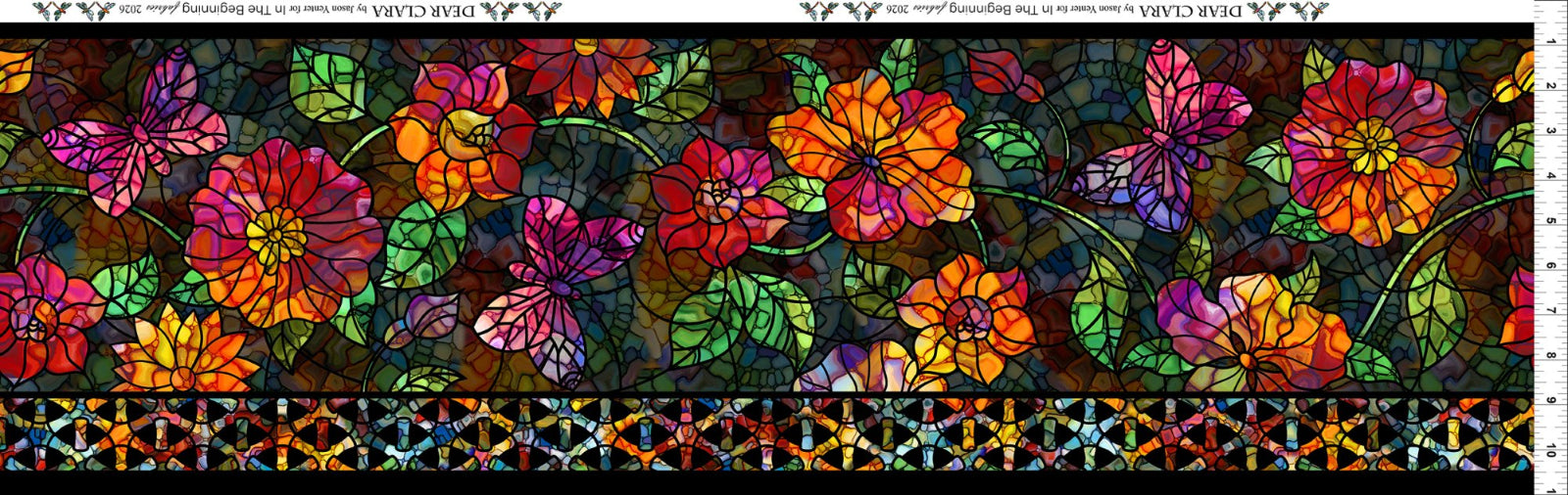 A stained-glass style floral pattern with colorful flowers and leaves on a dark background, shown as a rectangular design with a narrow decorative border along the bottom.