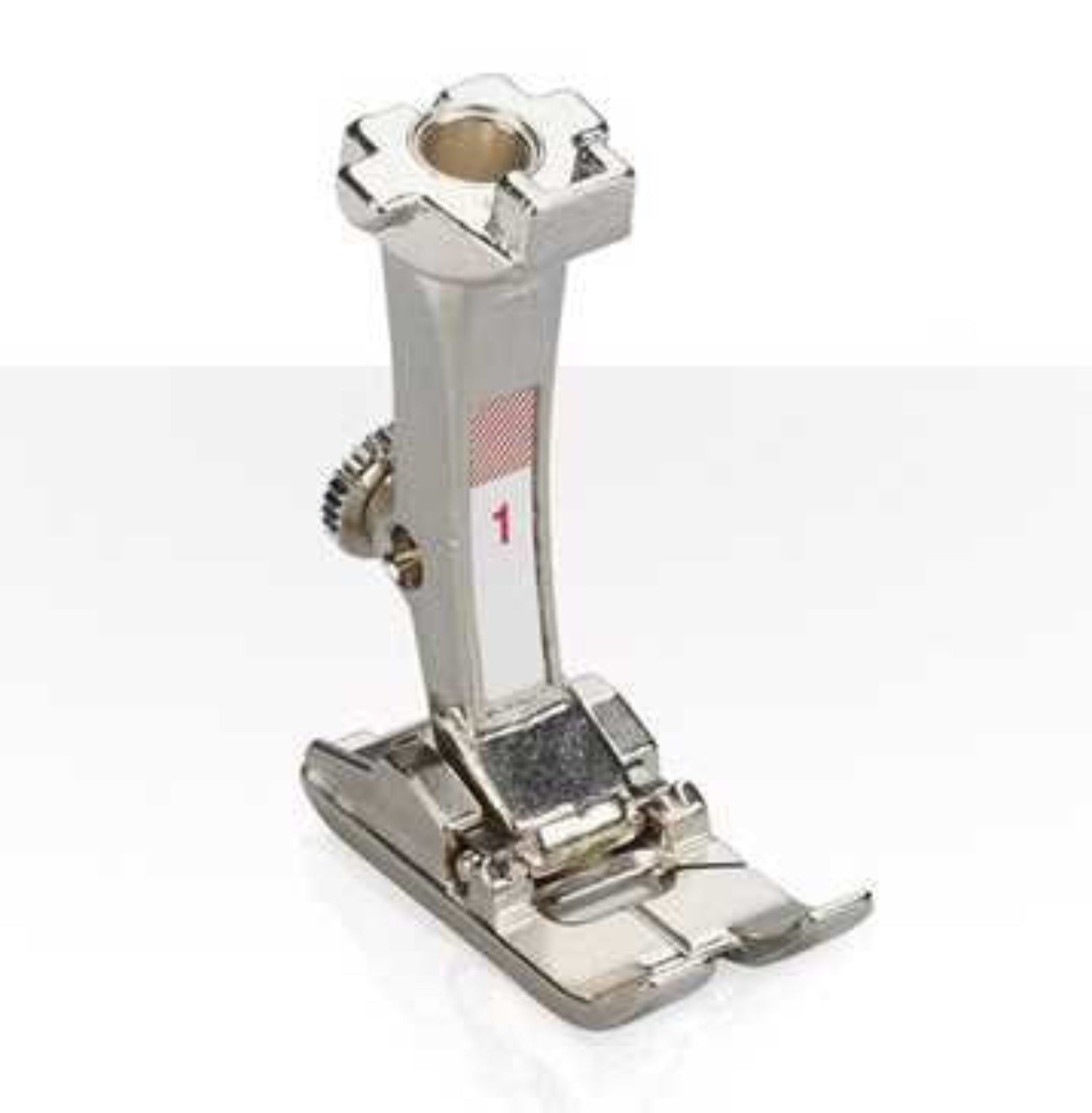 Metal sewing machine foot on a white background