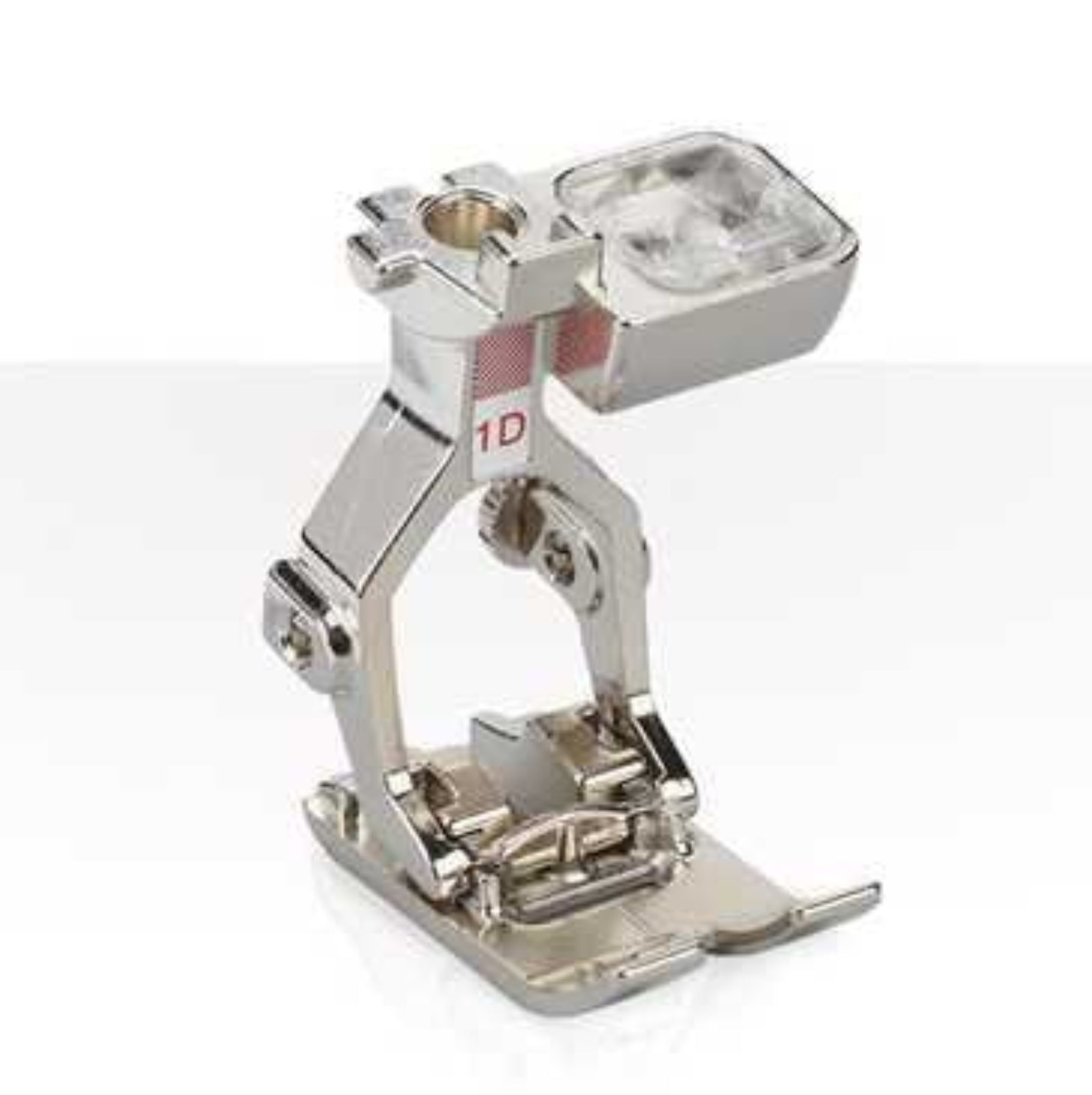 Metal sewing machine foot on a white background