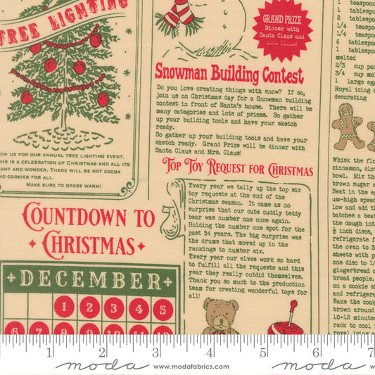 Christmas-themed fabric with countdown to Christmas design, tree, snowman, and gingerbread man.