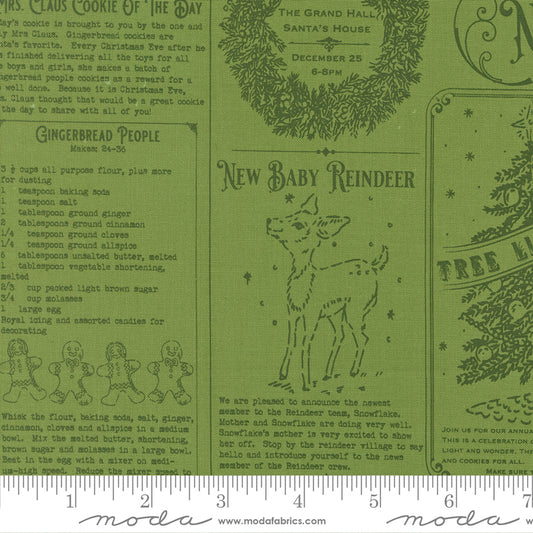 Green fabric with Christmas-themed designs, text, and a ruler at the bottom.