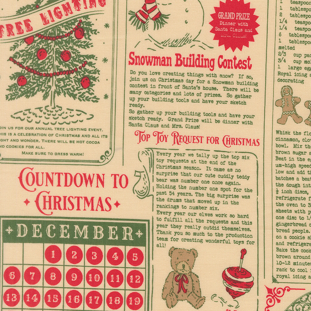 Vintage-style Christmas-themed poster with countdown calendar, tree, and snowman building contest text.