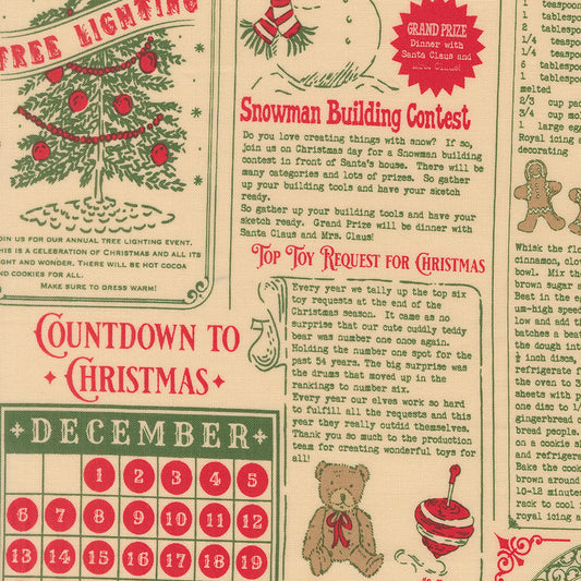 Vintage-style Christmas-themed poster with countdown calendar, tree, and snowman building contest text.