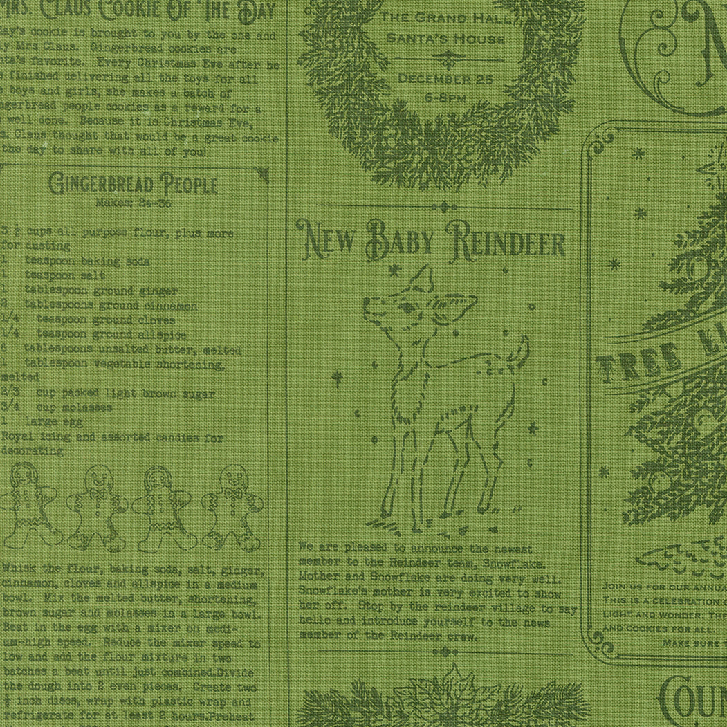 Green paper with Christmas-themed text, graphics, and recipes on a green background
