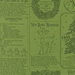 Green paper with Christmas-themed text, graphics, and recipes on a green background