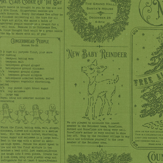 Green paper with Christmas-themed text, graphics, and recipes on a green background