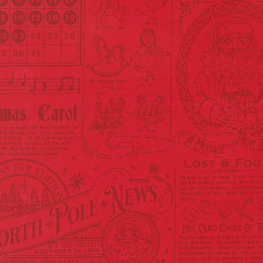 Red patterned background with vintage-style text and graphics