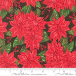 Red poinsettia flowers with green leaves on a black background, featuring a ruler for scale.