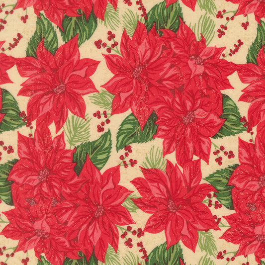 Pattern of red poinsettias and green leaves on a beige background
