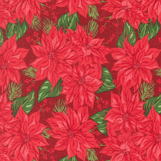 Pattern of red poinsettias and green leaves on a red background
