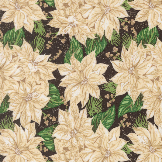 Pattern of white poinsettias and green leaves on a black background