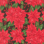 Pattern of red poinsettias and green leaves on a black background