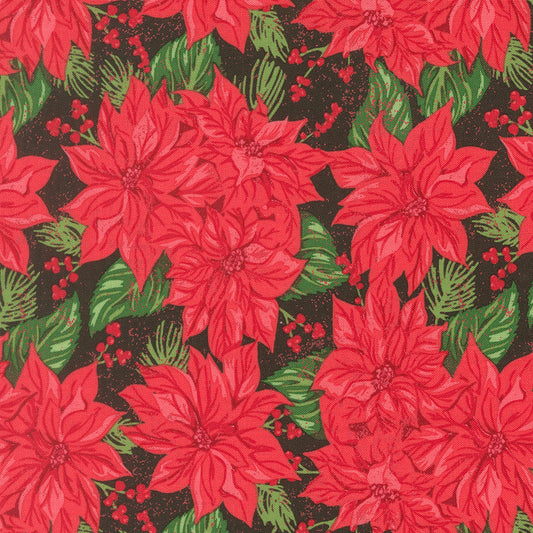 Pattern of red poinsettias and green leaves on a black background