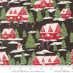 Christmas-themed fabric pattern with red houses, green trees, and snowmen on a black background, featuring a ruler for scale