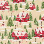 Pattern of red houses, green trees, and snowmen on a beige background