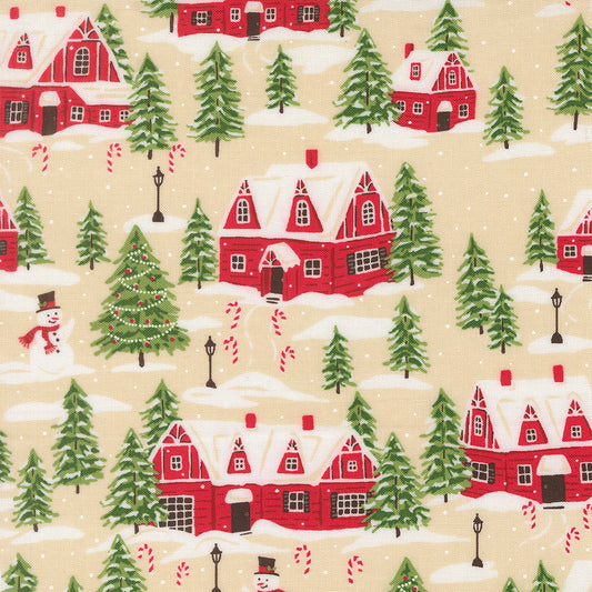 Pattern of red houses, green trees, and snowmen on a beige background