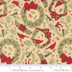 Christmas-themed fabric pattern with red cardinals, green wreaths, and red bows on a beige background, featuring a ruler for scale.