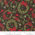 Christmas-themed fabric pattern with wreaths, birds, and red bows on a dark background, featuring a ruler for scale