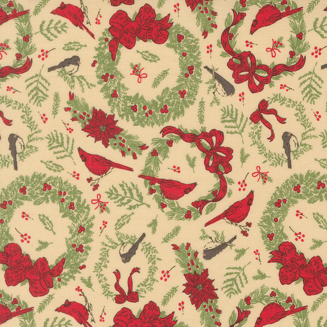 Christmas-themed pattern with red birds, bows, and wreaths on a beige background