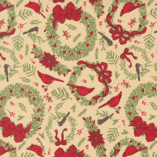 Christmas-themed pattern with red birds, bows, and wreaths on a beige background