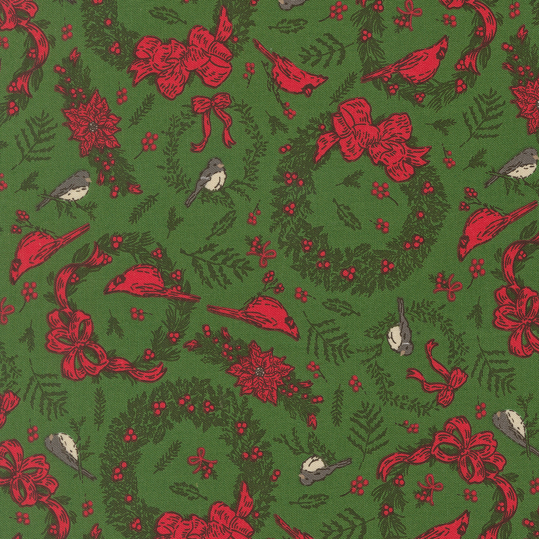 Christmas-themed pattern with red bows, birds, and wreaths on a green background