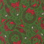 Christmas-themed pattern with red bows, birds, and wreaths on a green background