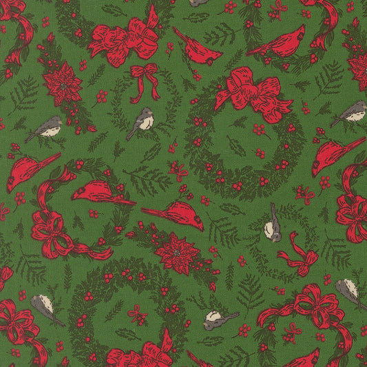 Christmas-themed pattern with red bows, birds, and wreaths on a green background