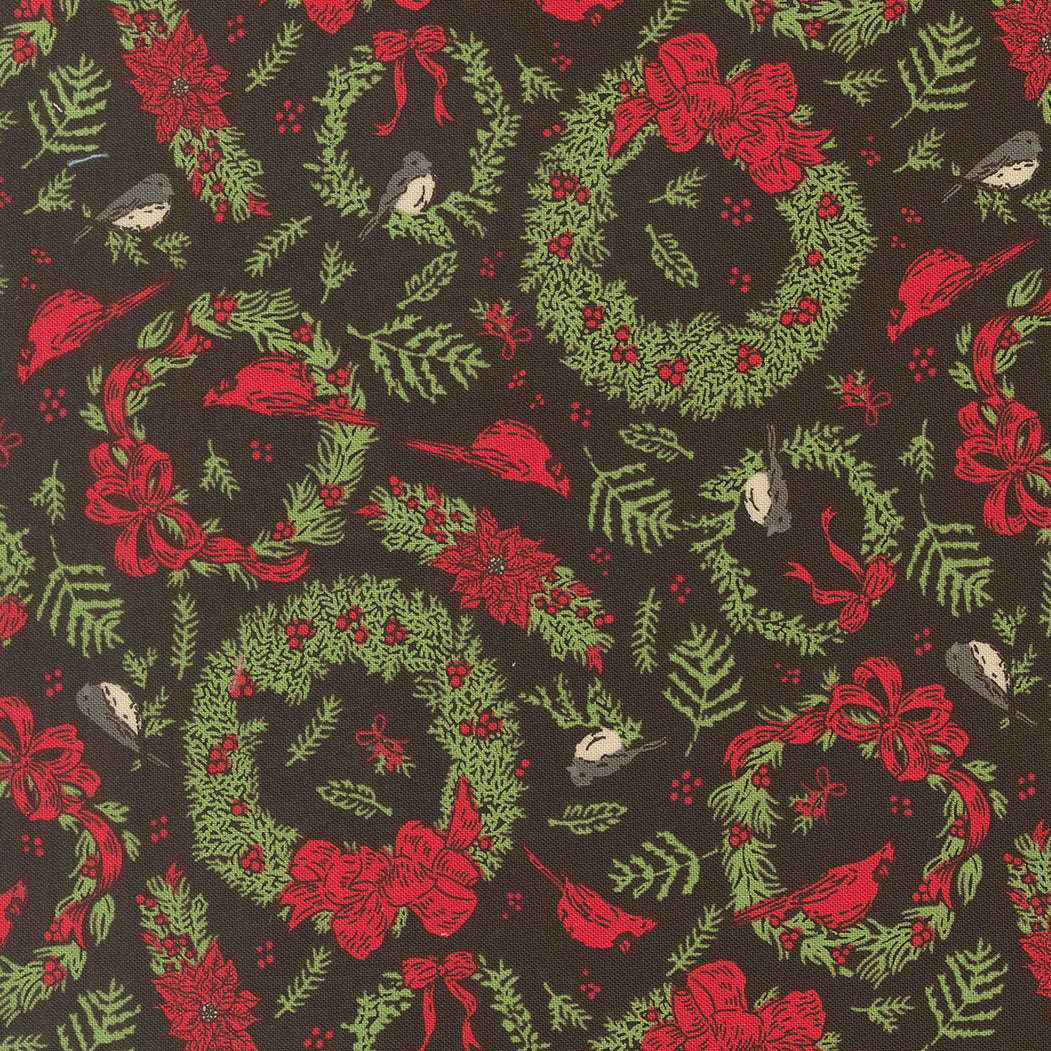 Christmas-themed pattern with wreaths, bows, and birds on a dark background