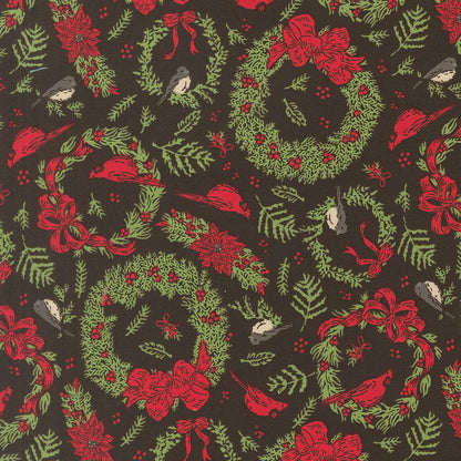 Christmas-themed pattern with wreaths, bows, and birds on a dark background