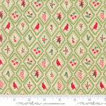 Christmas-themed fabric pattern with red birds, green bows, and red berries on a beige background, featuring a ruler for scale.