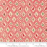 Christmas-themed fabric pattern with red birds, green holly leaves, and red diamonds on a beige background, featuring a ruler for scale.