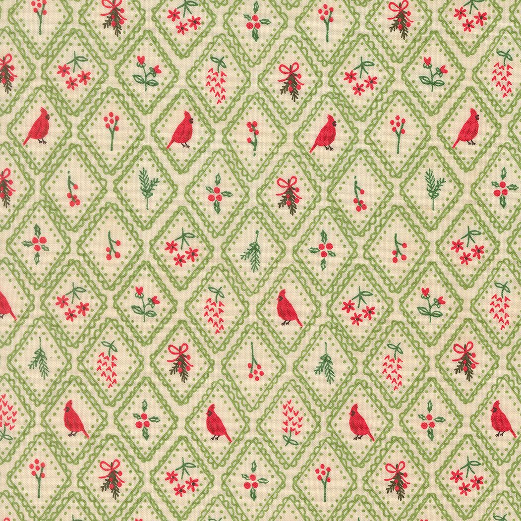 Patterned fabric with red birds, green leaves, and red berries on a beige background.