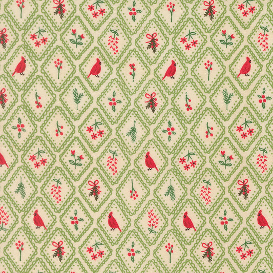 Patterned fabric with red birds, green leaves, and red berries on a beige background.