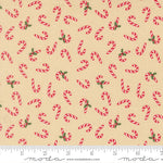 Pattern of red candy canes with green leaves on a beige background, featuring a ruler for scale