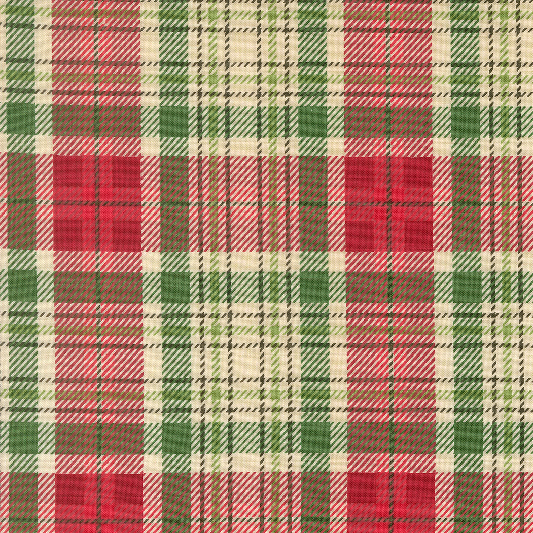 Plaid pattern with red, green, and brown colors on a fabric background