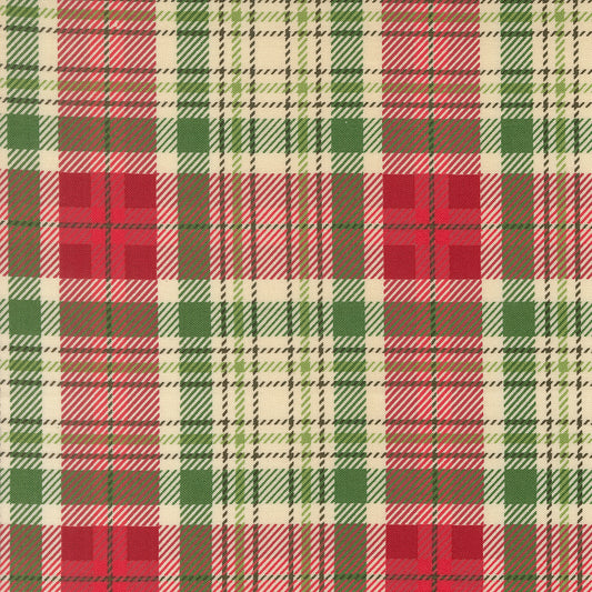 Plaid pattern with red, green, and brown colors on a fabric background