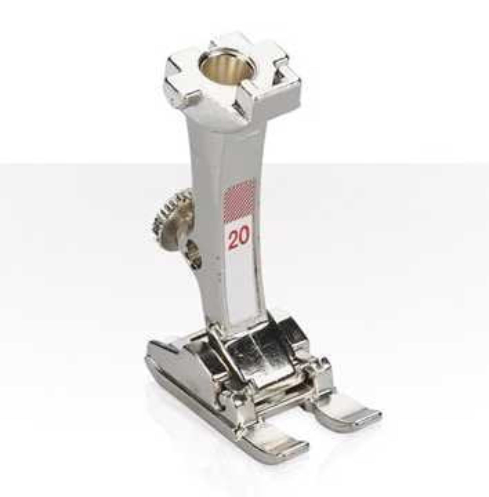 Metal sewing machine foot with a white background