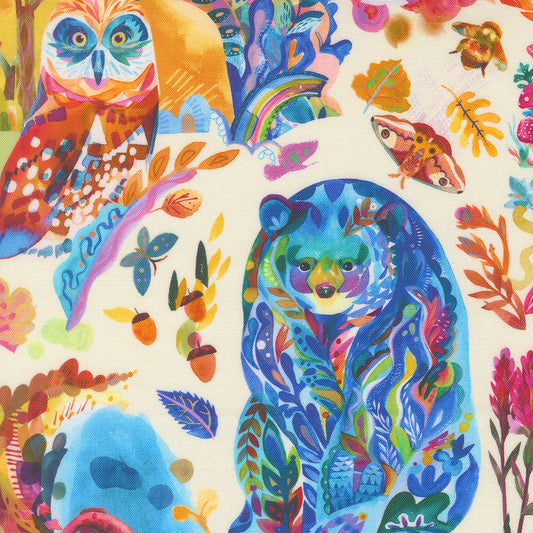 Colorful pattern with animals and plants on a white background