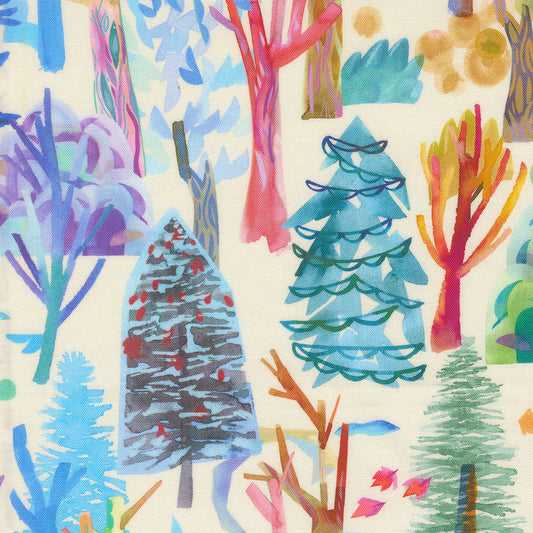Colorful pattern of trees and plants on a beige background