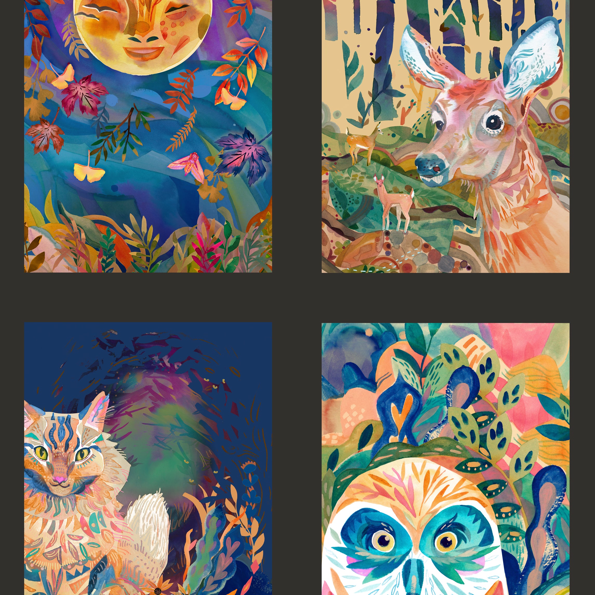 Four colorful animal paintings featuring a fox, deer, cat, and owl.