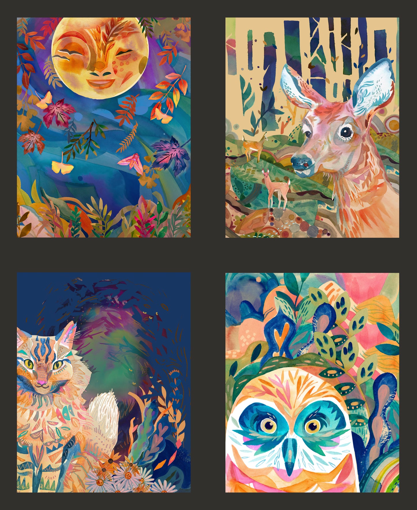 Four colorful animal paintings featuring a fox, deer, cat, and owl.