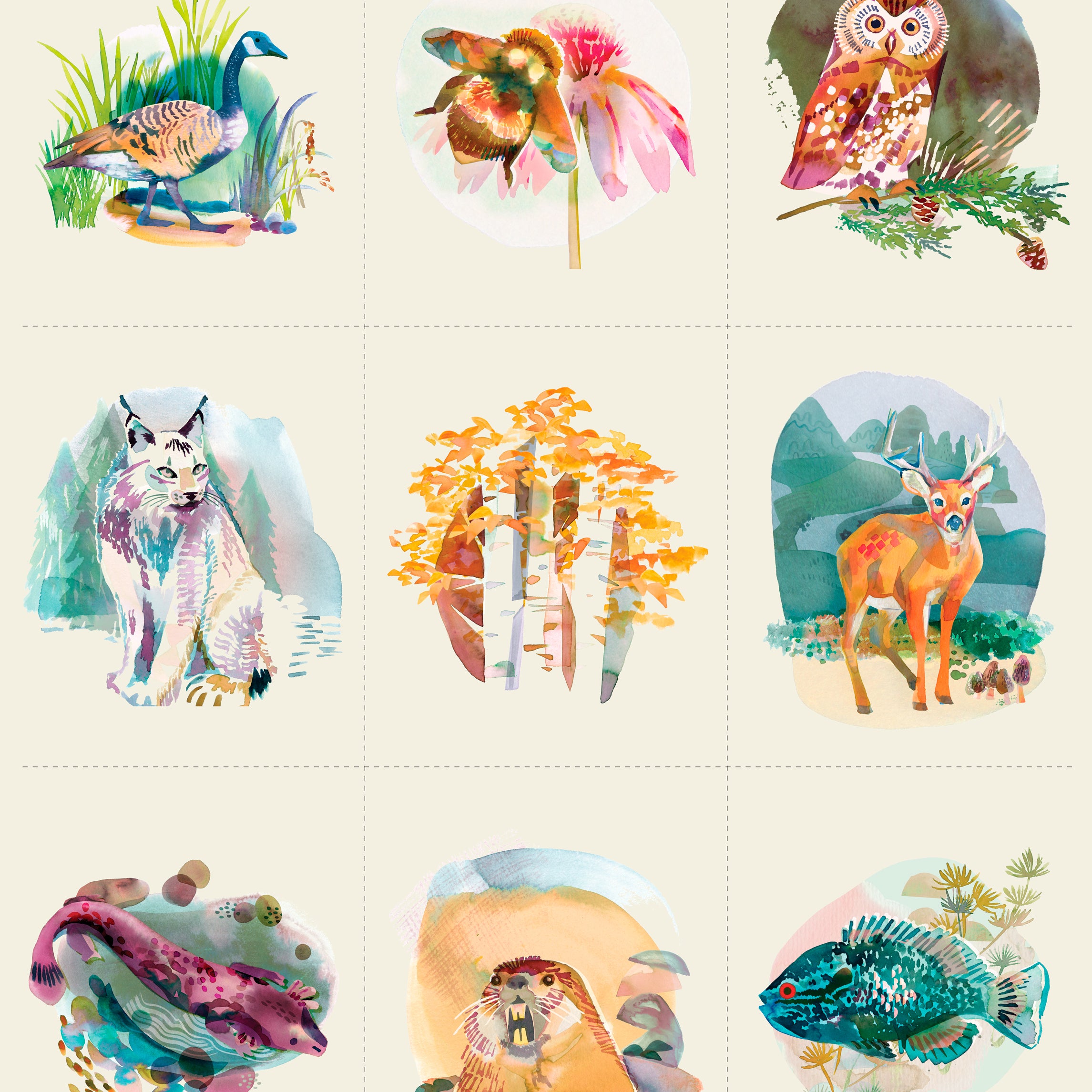 Set of colorful watercolor illustrations of various animals on a beige background with cutting lines for 9 individual blocks. 