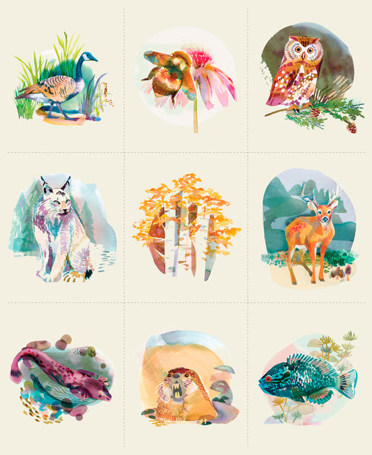 Set of colorful watercolor illustrations of various animals on a beige background with cutting lines for 9 individual blocks. 