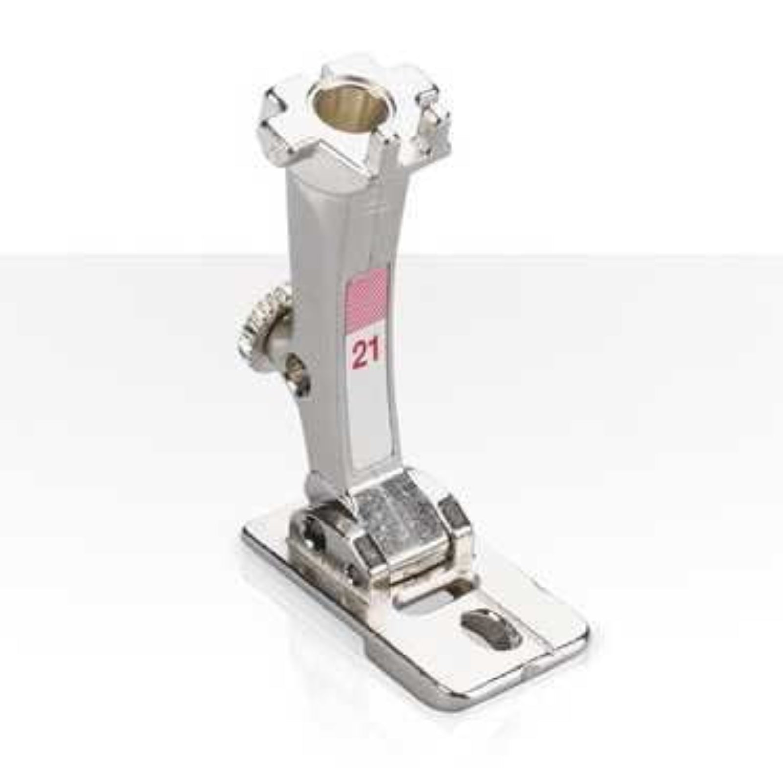 Metal sewing machine foot with a pink label on a white background