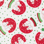 Pattern of snowmen in a snow globe on a white background with green dots.