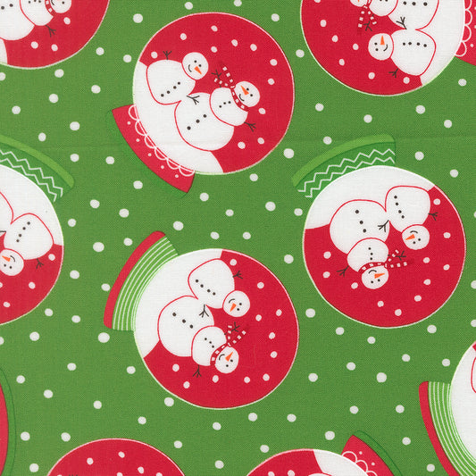 Pattern of snowmen in red snow globes on a green background with white polka dots