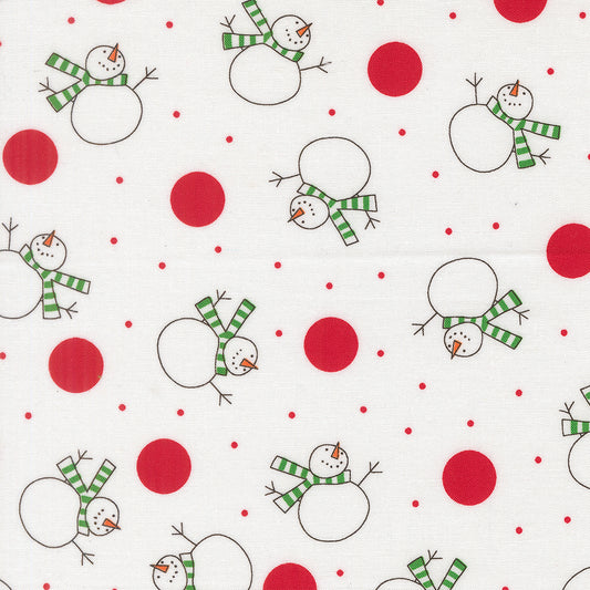 Pattern of snowmen with green scarves and red dots on a white background