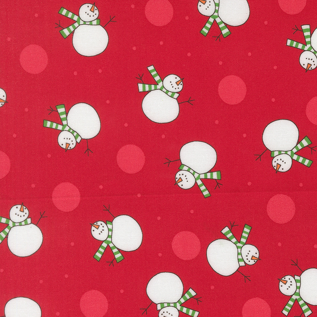 Pattern of snowmen with green scarves on a red background with pink circles.