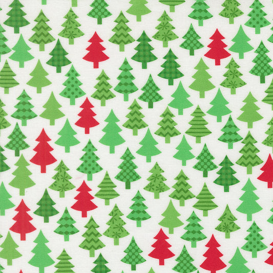 Pattern of green and red Christmas trees on a white background